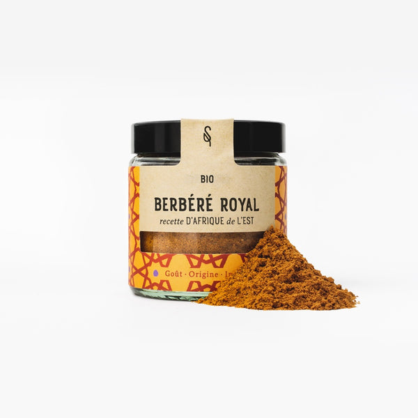 Pot d’épices bio berbéré royal SoulSpice, mélange d'épices d’Afrique de l’Est avec couvercle noir.