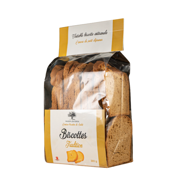 Biscottes artisanales tradition en sachet transparent pour petit-déjeuner gourmand.