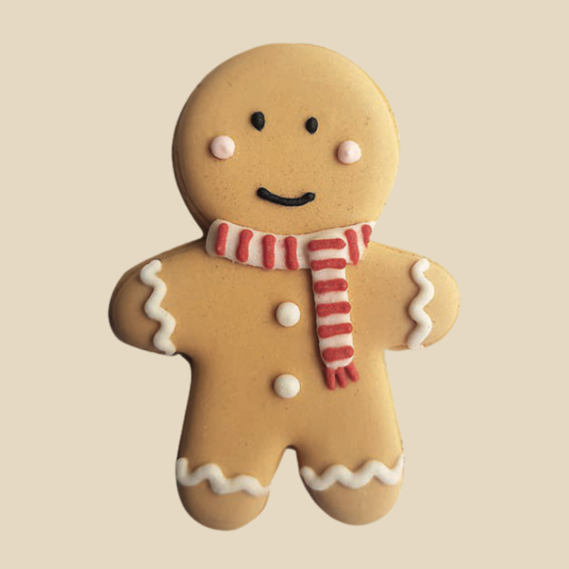 Bonhomme en pain d’épices avec écharpe rouge rayée, boutons blancs et décor en glaçage.