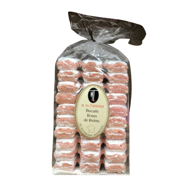 Biscuits roses de Reims traditionnels en sachet transparent, spécialité artisanale croustillante aux délicates teintes roses et blanches.
