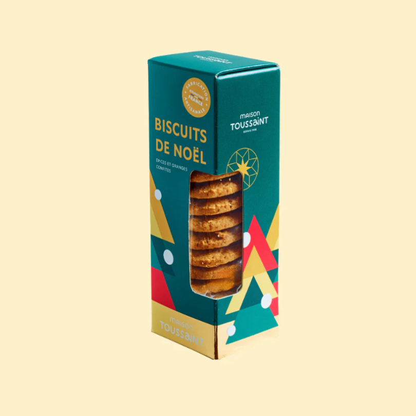 Biscuits de Noël aux épices et oranges confites Maison Toussaint.Boîte verte décorée avec fenêtre.