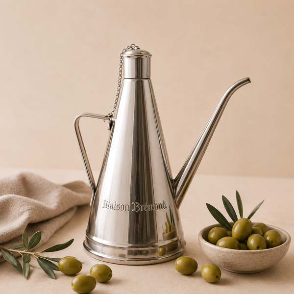 Burette à huile d’olive en inox poli, entourée d’olives vertes sur fond beige élégant.