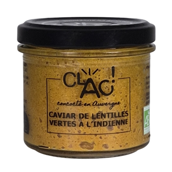 Caviar de lentilles vertes à l’indienne en bocal verre, tartinade épicée artisanale d’Auvergne.