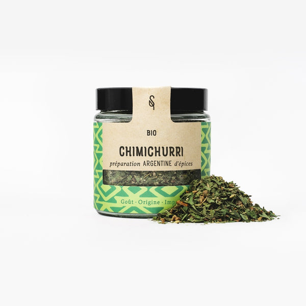 Pot de mélange d’épices chimichurri bio SoulSpice, étiquette verte à motifs.
