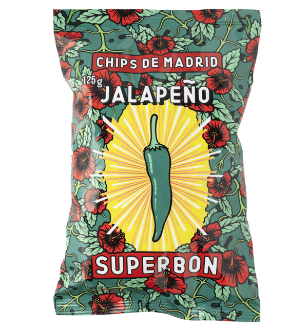 Paquet de chips jalapeño 125g Superbon, fond fleuri vert et rouge, design coloré vintage.