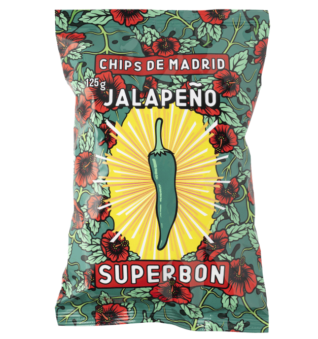 Paquet de chips jalapeño 125g Superbon, fond fleuri vert et rouge, design coloré vintage.
