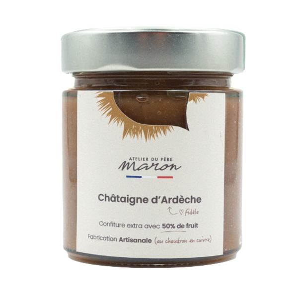 Pot de confiture artisanale à la châtaigne d’Ardèche l'Atelier du Père Maron, texture brune et étiquette blanche.