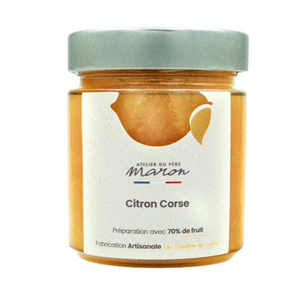 Pot de confiture artisanale au citron corse L'Atelier du Père Maron, étiquette blanche et couvercle argenté.