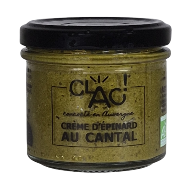 Crème d’épinard au Cantal en pot en verre, tartinade verte artisanale aux légumes et fromage d’Auvergne.