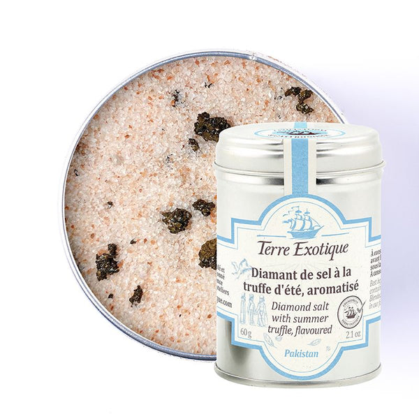 Diamant de sel à la truffe d’été Terre Exotique, sel gourmet aromatisé aux éclats de truffe, présenté en boîte métal avec cristaux roses.