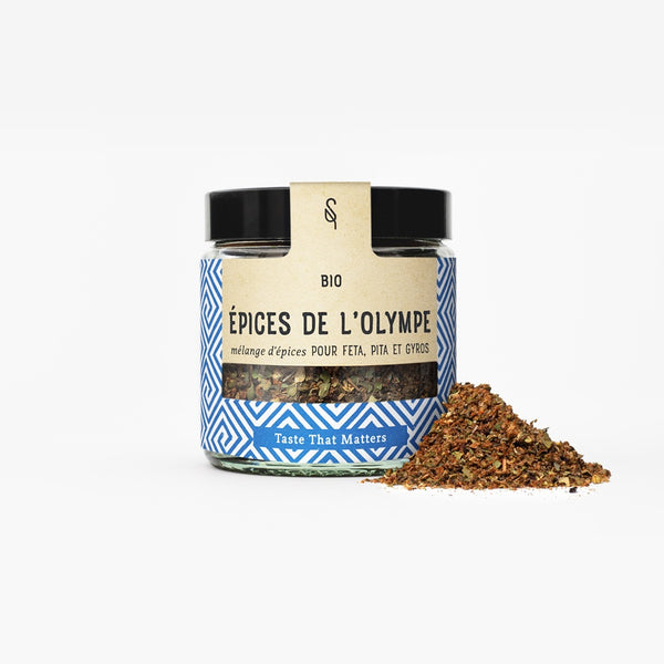 Pot d’épices bio Épices de l’Olympe SoulSpice, mélange pour feta et gyros, étiquette bleue et noire.