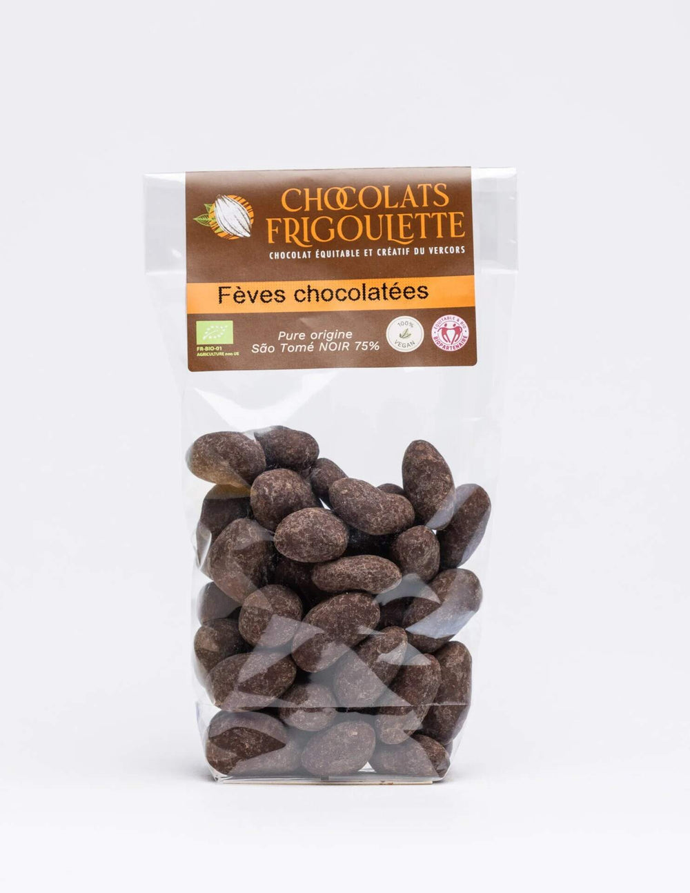 Fèves de Cacao Chocolatées Bio enrobée de Chocolat Noir 75% - 150g