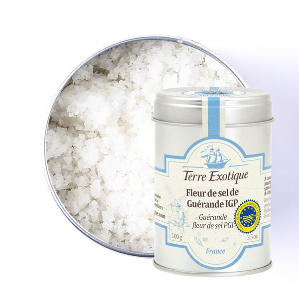 Fleur de sel de Guérande IGP en boîte métallique, cristaux blancs naturels visibles.