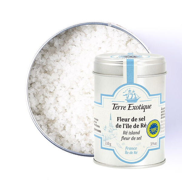 Fleur de sel de l’Île de Ré Terre Exotique, sel marin artisanal français en boîte métal, cristaux blancs naturels de grande qualité.