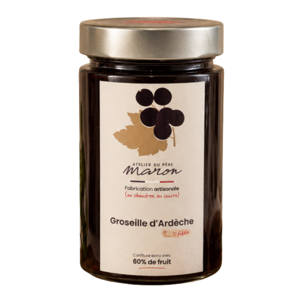 Confiture artisanale de groseille d’Ardèche en pot en verre, étiquette illustrée et couvercle métallique argenté.
