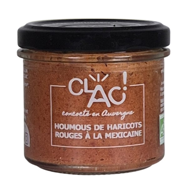 Houmous de haricots rouges à la mexicaine en pot en verre Clac, tartinade bio.
