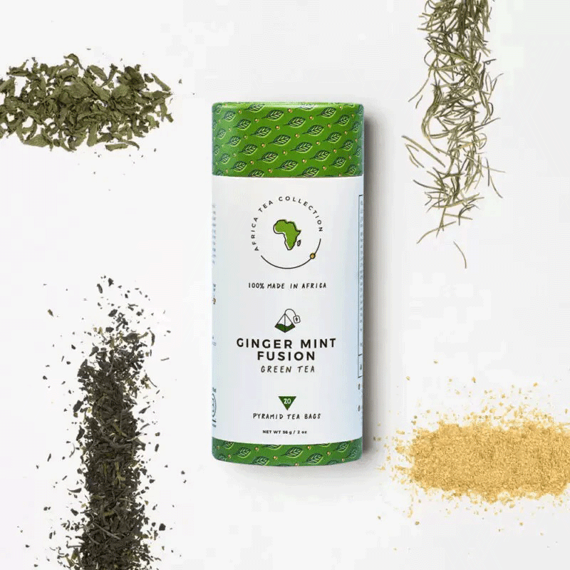 Tube de thé vert Ginger Mint Fusion sur fond blanc, entouré d’ingrédients secs comme la menthe et le gingembre.