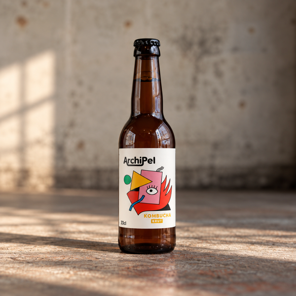 Kombucha Brut Archipel en bouteille de 33 cl, présenté sur un fond naturel et lumineux.