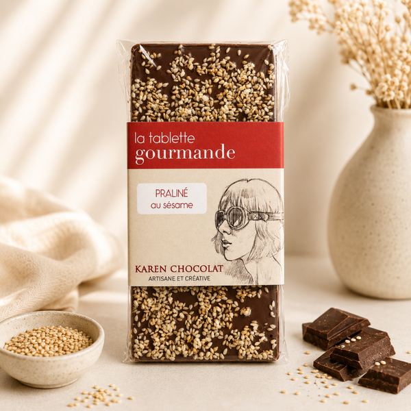 Tablette de chocolat lait praliné au sésame Karen Chocolat, généreusement garnie de graines de sésame, présentation artisanale.