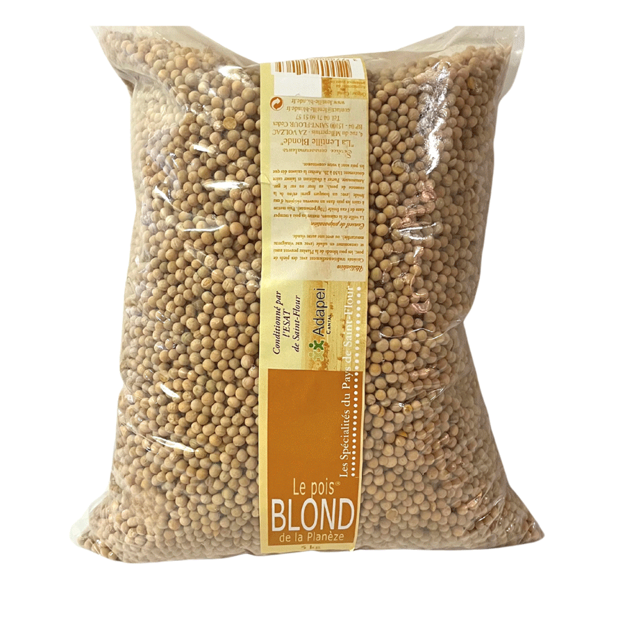 Sac transparent contenant 5 kg de pois blonds de la Planèze. Ce produit est présenté avec une étiquette informant sur son origine locale et ses qualités uniques.