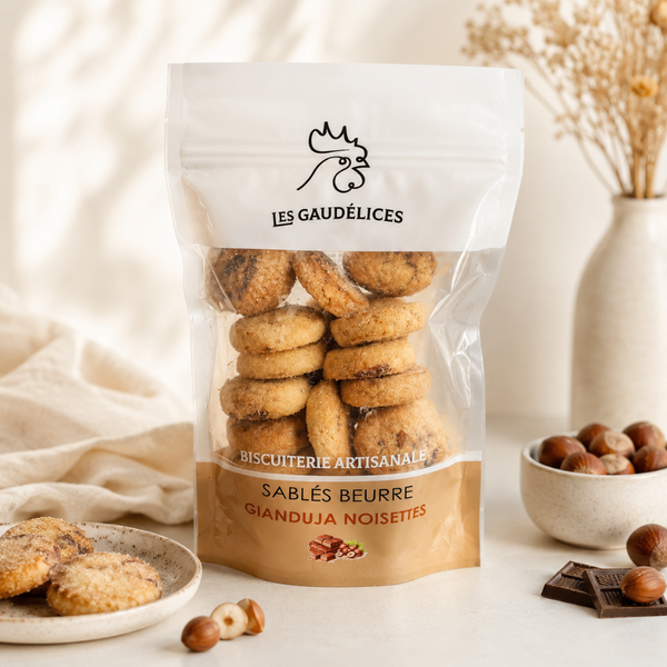 Sablés beurre gianduja noisettes en sachet transparent, biscuits artisanaux dorés avec éclats de chocolat et noisettes.