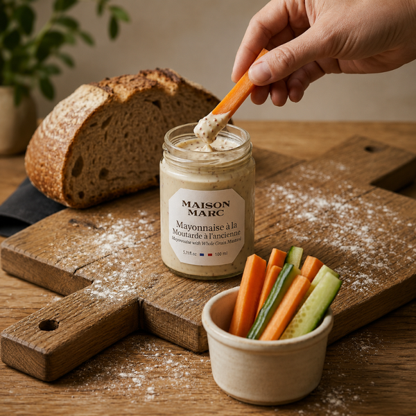 Mayonnaise à la moutarde à l’ancienne Maison Marc en bocal, servie avec bâtonnets de légumes et pain rustique.
