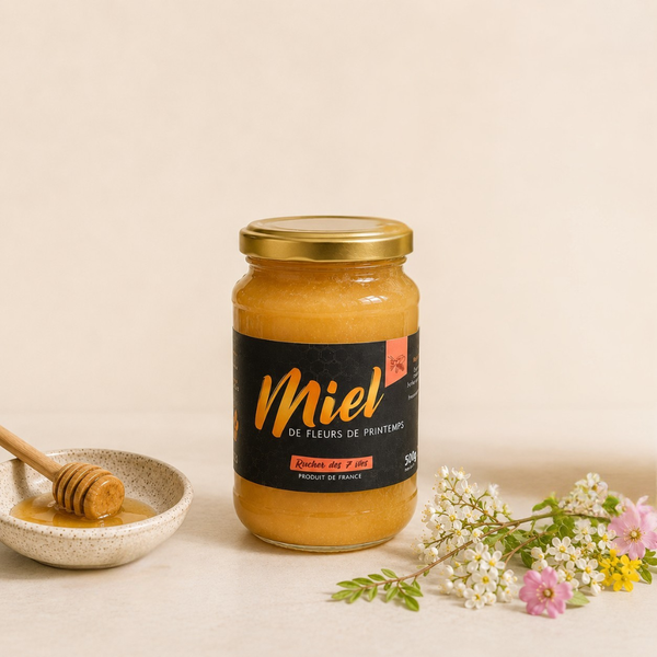 Pot de miel crémeux de fleurs de printemps Le Rucher des 7 Vies, étiquette noire et dorée, 500 g.