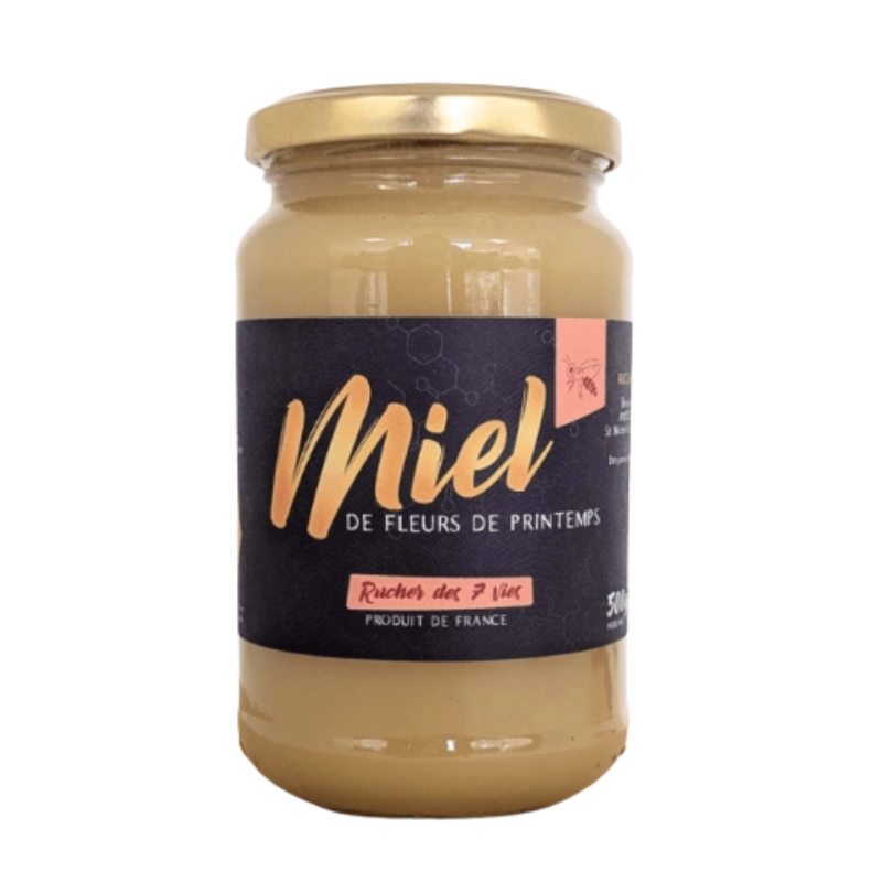 Pot de miel crémeux de fleurs de printemps Le Rucher des 7 Vies, étiquette noire et dorée, 500 g.