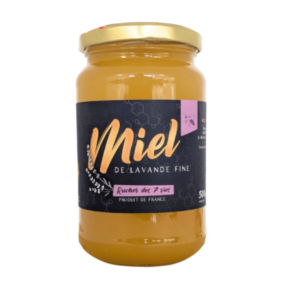 Pot de miel de lavande fine Le Rucher des 7 Vies, jaune doré, avec étiquette noire et dorée.