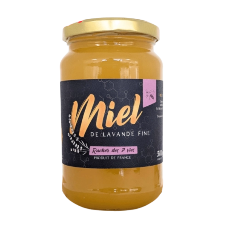 Pot de miel de lavande fine Le Rucher des 7 Vies, jaune doré, avec étiquette noire et dorée.