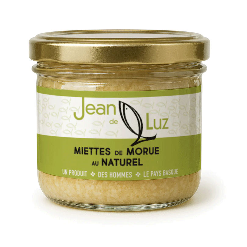 Bocal en verre de miettes de morue au naturel Jean de Luz, étiquette verte et couvercle doré.