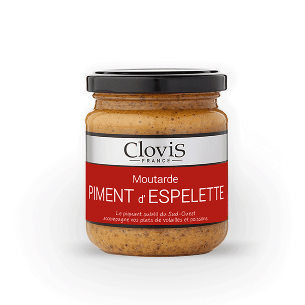 Moutarde au piment d’Espelette Clovis France en pot, condiment épicé du Sud-Ouest présenté sur fond neutre.