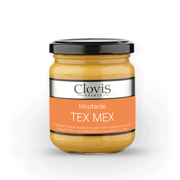 Pot de moutarde Tex Mex de la marque Clovis France. Étiquette orange et argent indiquant un mélange d’épices audacieux pour une explosion de saveurs
