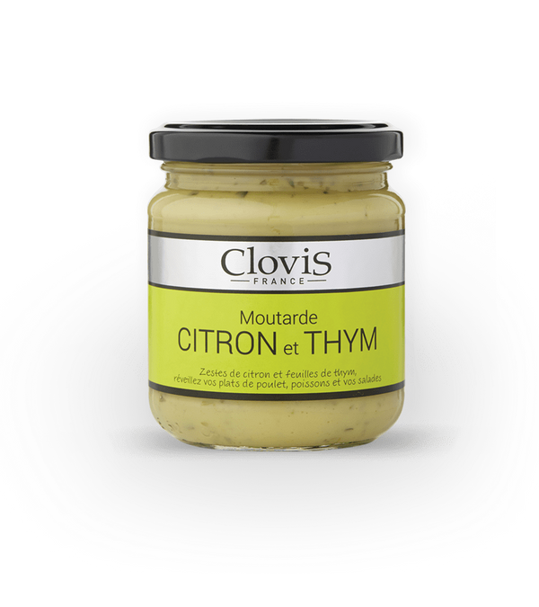 Pot de moutarde citron et thym Clovis France, avec une étiquette verte et argent mettant en avant des notes fraîches et aromatiques pour sublimer les viandes, poissons et sauces.