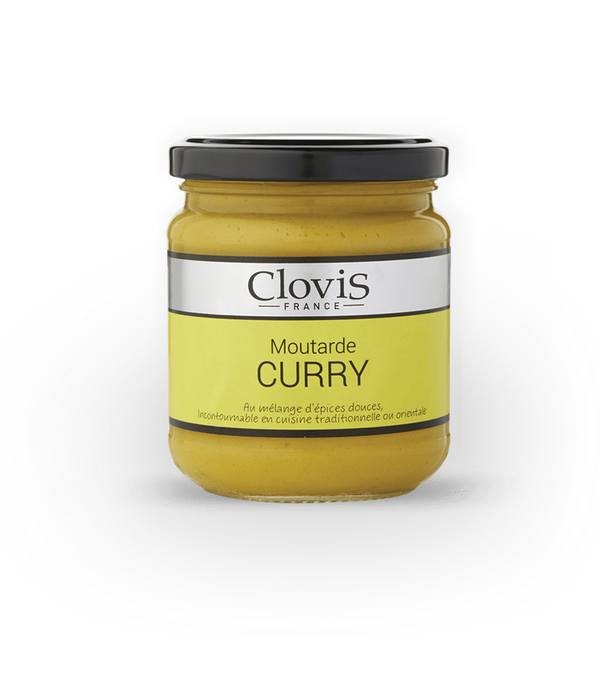 Pot de moutarde au curry Clovis France, avec une étiquette jaune et argent mettant en avant un mélange d’épices exotiques pour sublimer les plats.