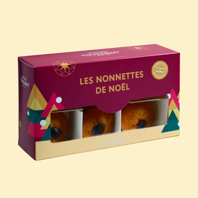 Nonnettes de Noël dorées et fourrées, en boîte festive bordeaux avec fenêtre transparente Maison Toussaint.
