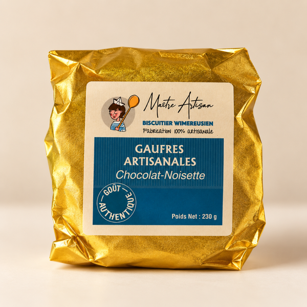 Paquet de gaufres artisanales chocolat-noisette, 230g.