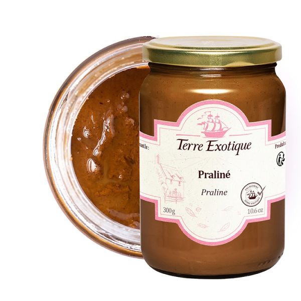 Praliné artisanal Terre Exotique en pot en verre, pâte gourmande avec texture onctueuse visible.
