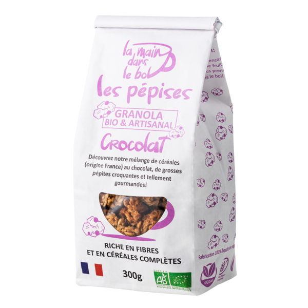 Sachet de Pépises Crocolat de La Main dans le Bol, aux céréales françaises et grosses pépites de chocolat, 300g.