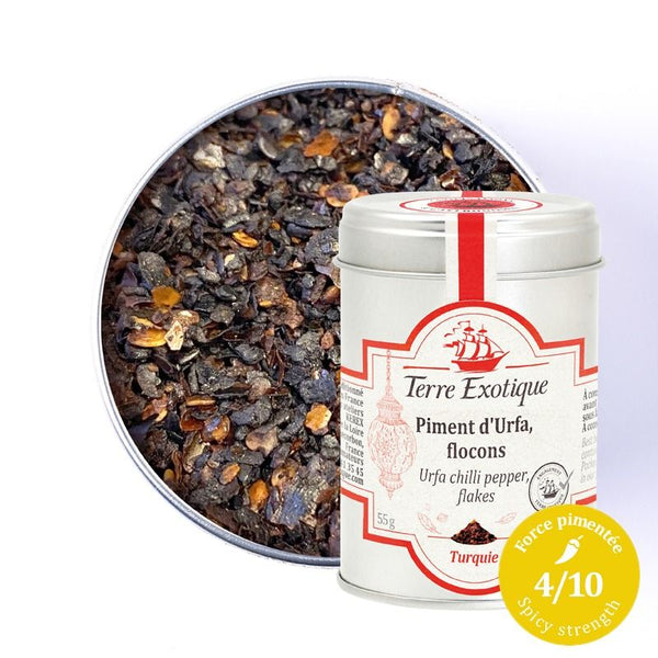 Piment d’Urfa en flocons Terre Exotique, épice turque aux notes fumées et fruitées, présentée en boîte métal.