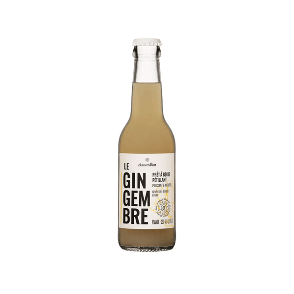 Bouteille de boisson pétillante au gingembre Alain Milliat, étiquette blanche et noire.