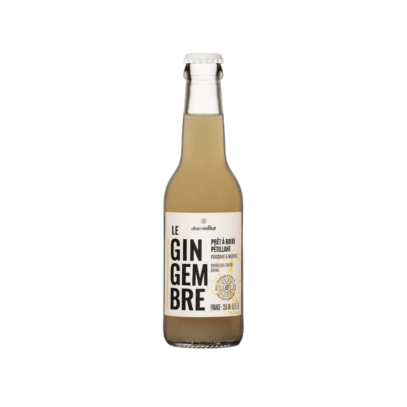 Bouteille de boisson pétillante au gingembre Alain Milliat, étiquette blanche et noire.