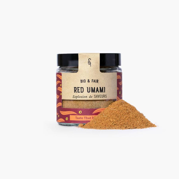 Pot d’épices Red Umami bio SoulSpice, poudre orangée, étiquette rouge à motifs ondulés.