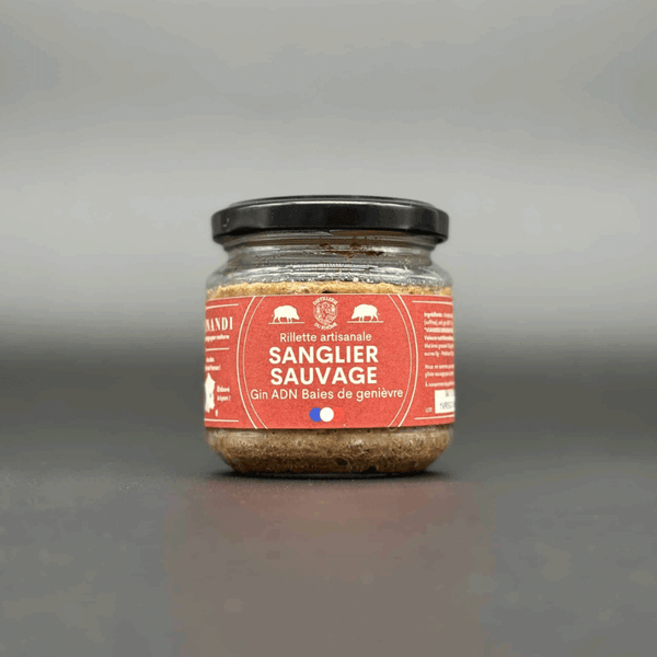 Bocal de rillettes artisanales de sanglier sauvage au gin et baies de genièvre, étiquette rouge, produit français.