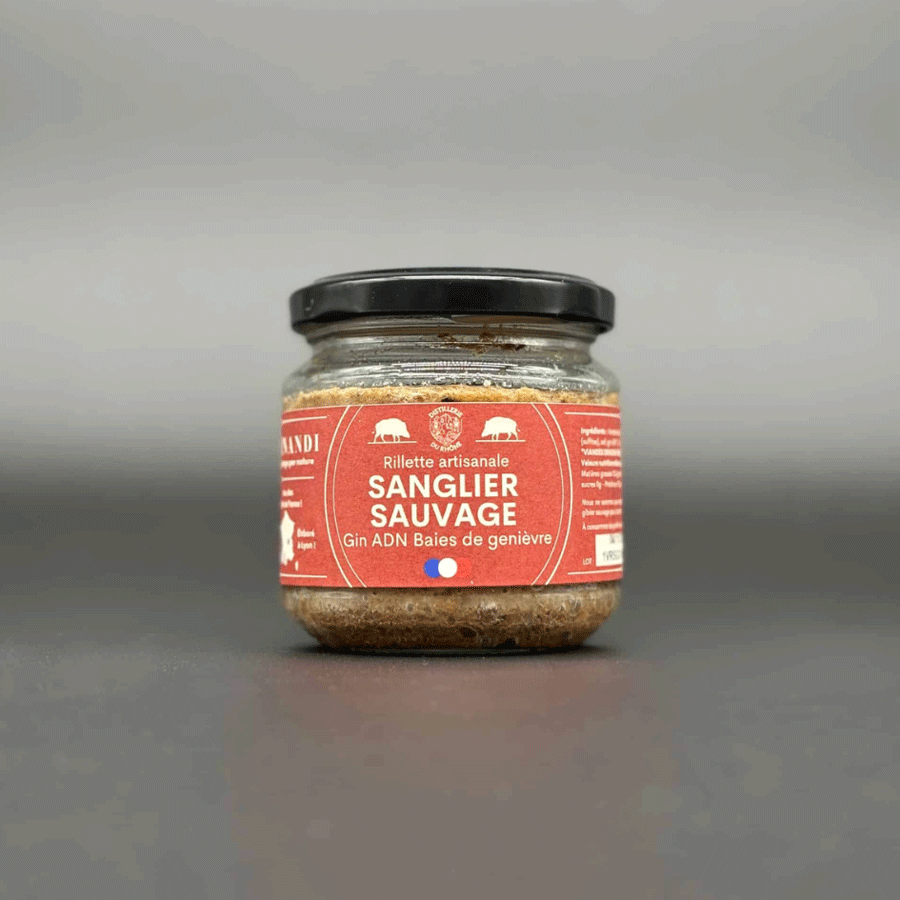 Bocal de rillettes artisanales de sanglier sauvage au gin et baies de genièvre, étiquette rouge, produit français.
