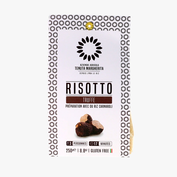 Préparation pour risotto à la truffe au riz Carnaroli, sachet élégant blanc et noir, illustration de truffes, sans gluten.