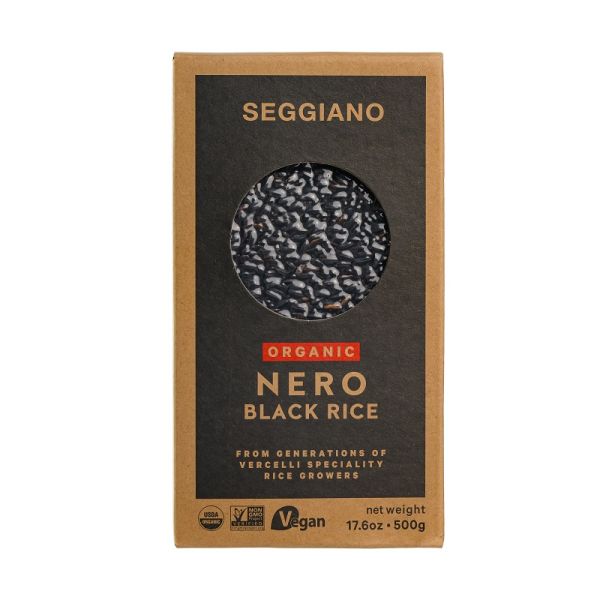 Riz noir bio Seggiano Nero, grains complets italiens en boîte carton avec fenêtre transparente.
