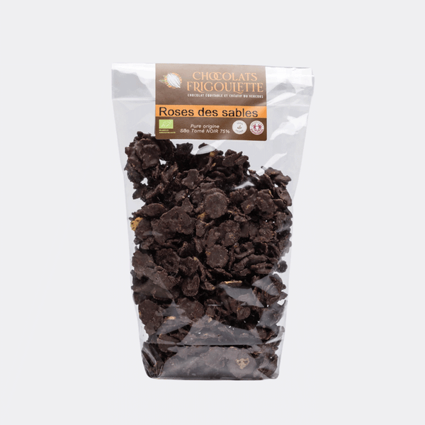 Sachet de Roses des Sables au chocolat noir 75% d'origine São Tomé La Frigoulette présenté dans un emballage transparent avec une étiquette marron et orange.