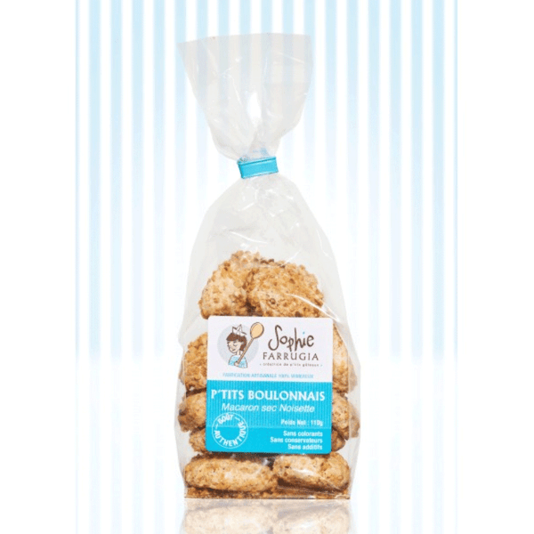 Sachet de P’tits Boulonnais noisette Sophie Farrugia, macarons secs artisanaux en emballage transparent.