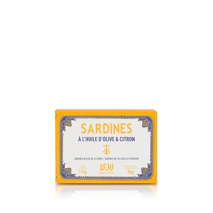 Sardines à l’Huile d'Olive & Citron - 115g dans une boîte en carton.